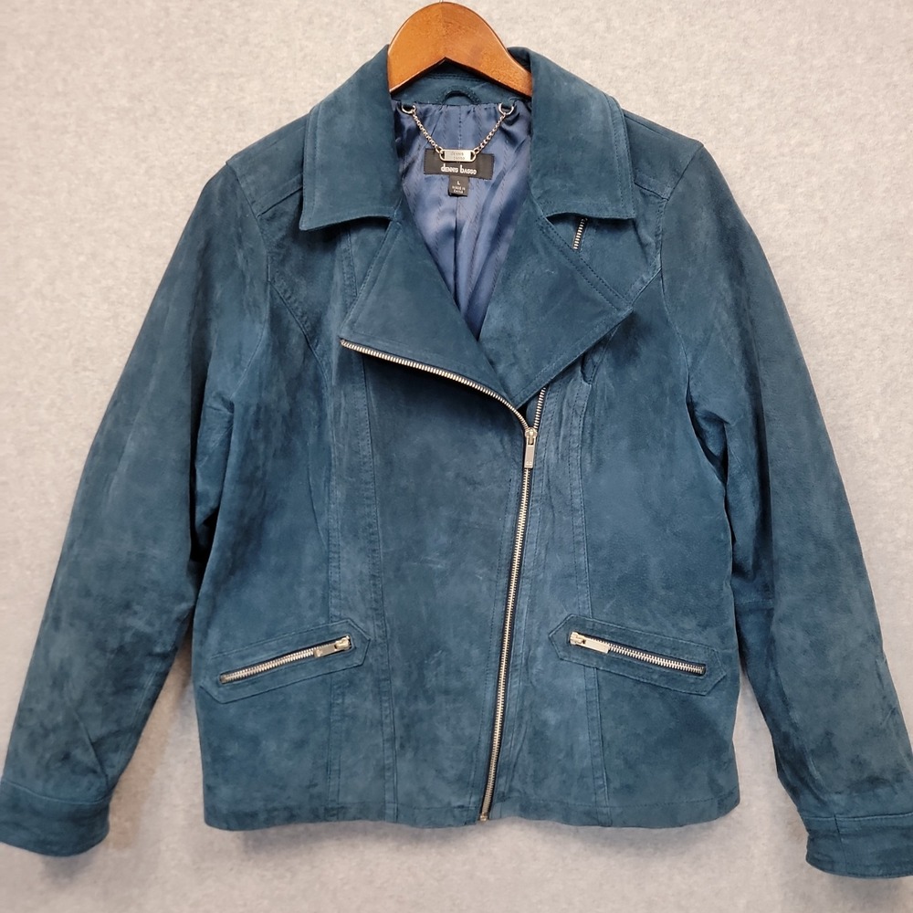 Dennis Basso Suede Leather Moto Jacket Womens Sz L Asymmetrical Zip Blue‎ Teal